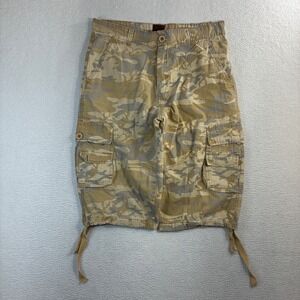 Y2K Baggy Camo Cargo Shorts Men 32x13 Tan Ripstop Drawstring Ministry Fashion